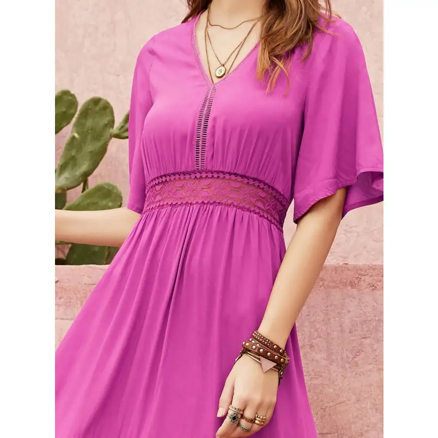 Lace Detail V-Neck Short Sleeve Midi Dress