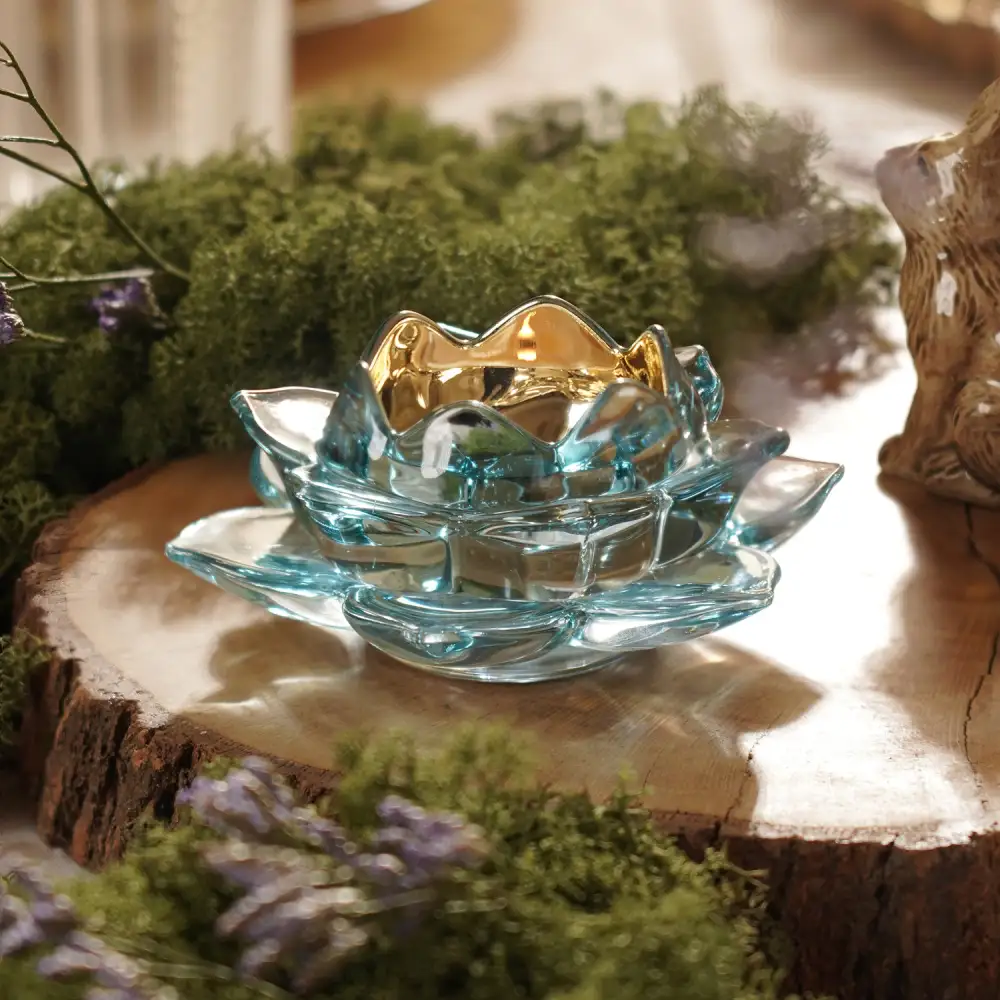 Light Blue Lotus Glass Tealight Holder