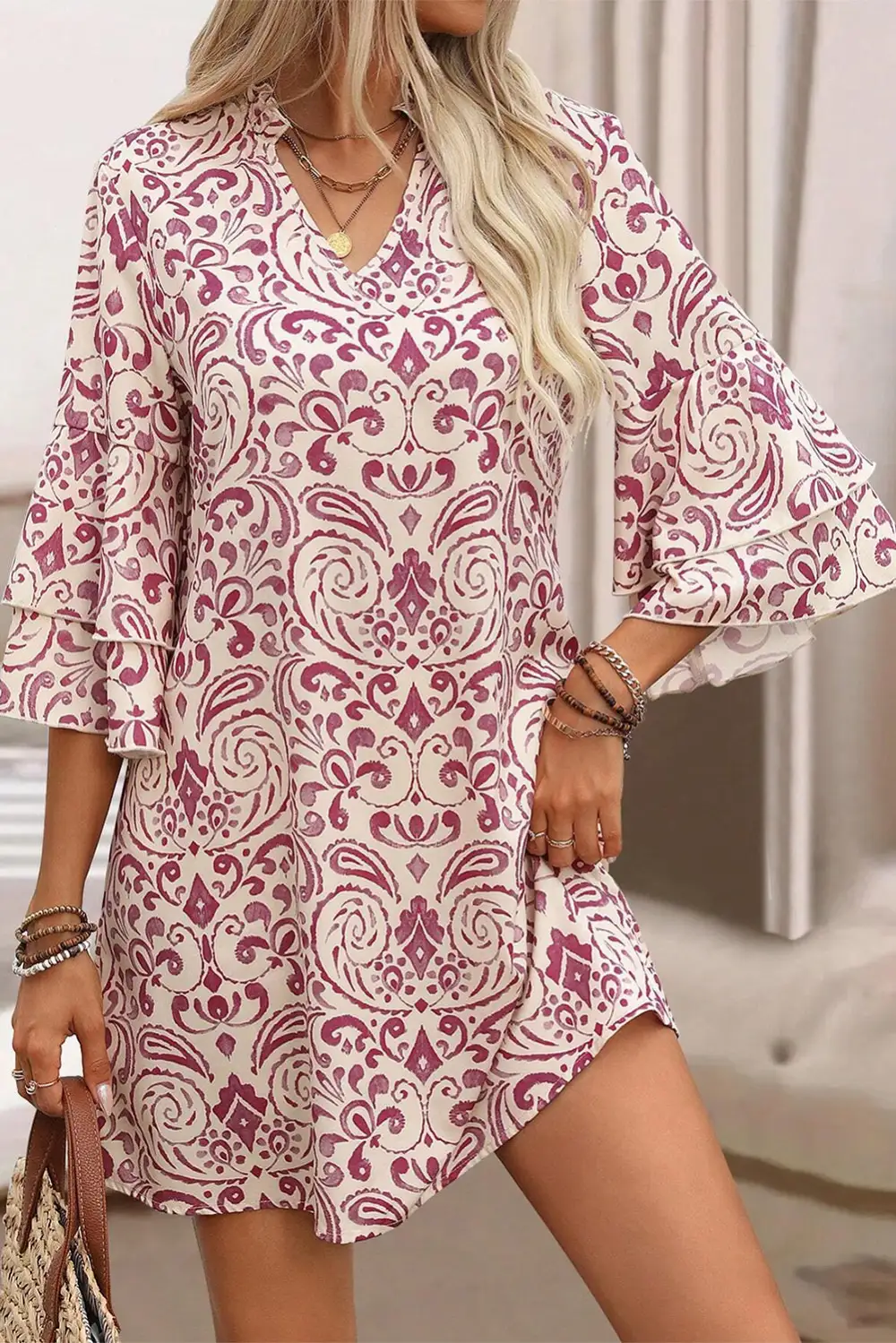 Paisley Tiered Tie Detail Mini Dress