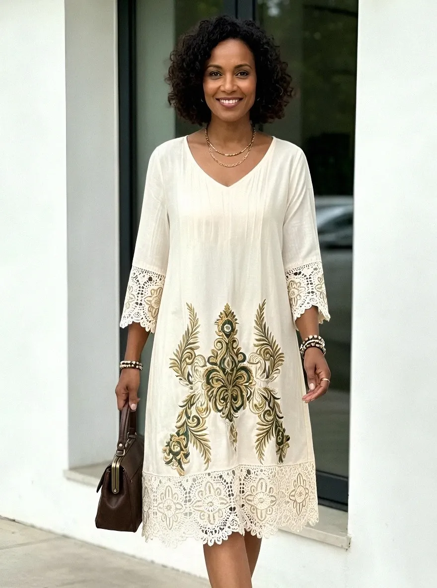 Women's Summer Vacation Olive Floral Embroidered Lace Trimmed Dress