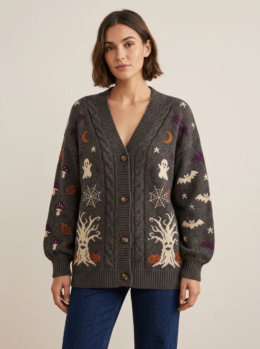 Women's Halloween Ghost Pumpkin Bat Pattern Knitted Cardigan