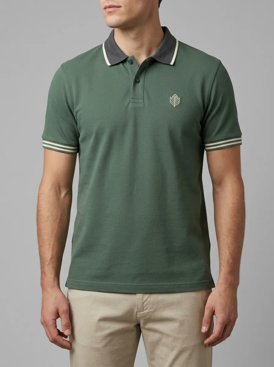 Men's Knit Ribbed Textured Striped Tipped-Collar Leaf-Emblem Embroidered Polo Shirt