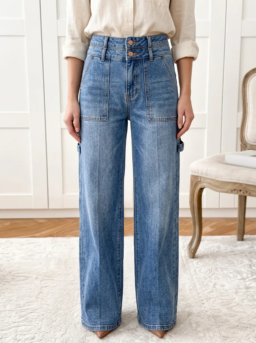 Women's Casual Vintage High-Waisted Wide-Leg Denim Jeans