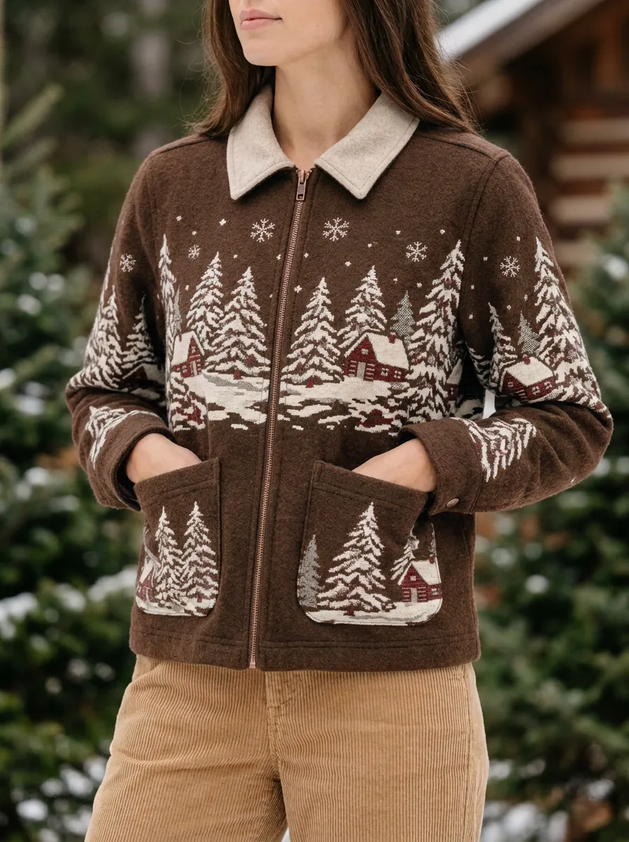 Christmas Holiday Cabin Pine Tree Print Jacket