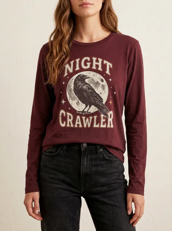 Women's Halloween Gothic Raven Moon Night Crawler Printed Long Sleeve T-shirt