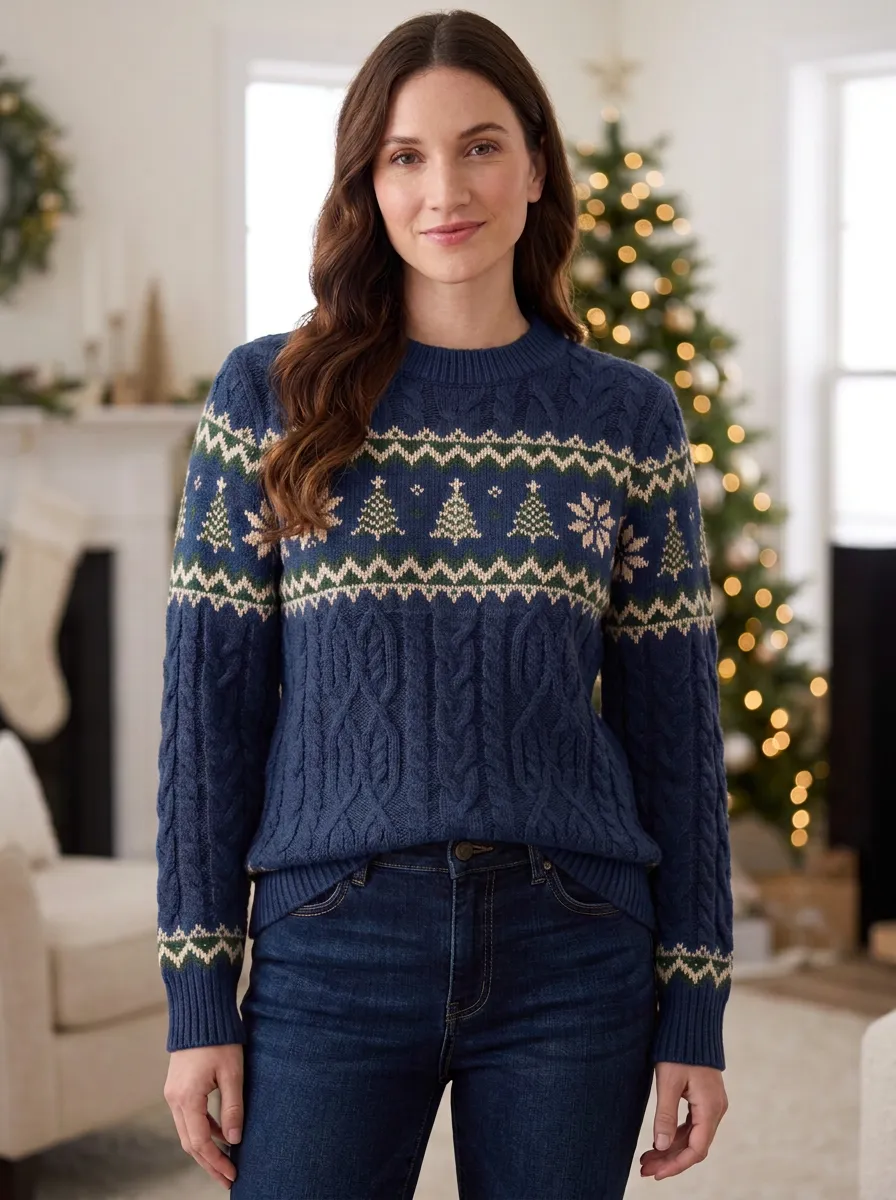 Evergreen Christmas Holiday Tree Snowflake Pattern Knitted Sweater