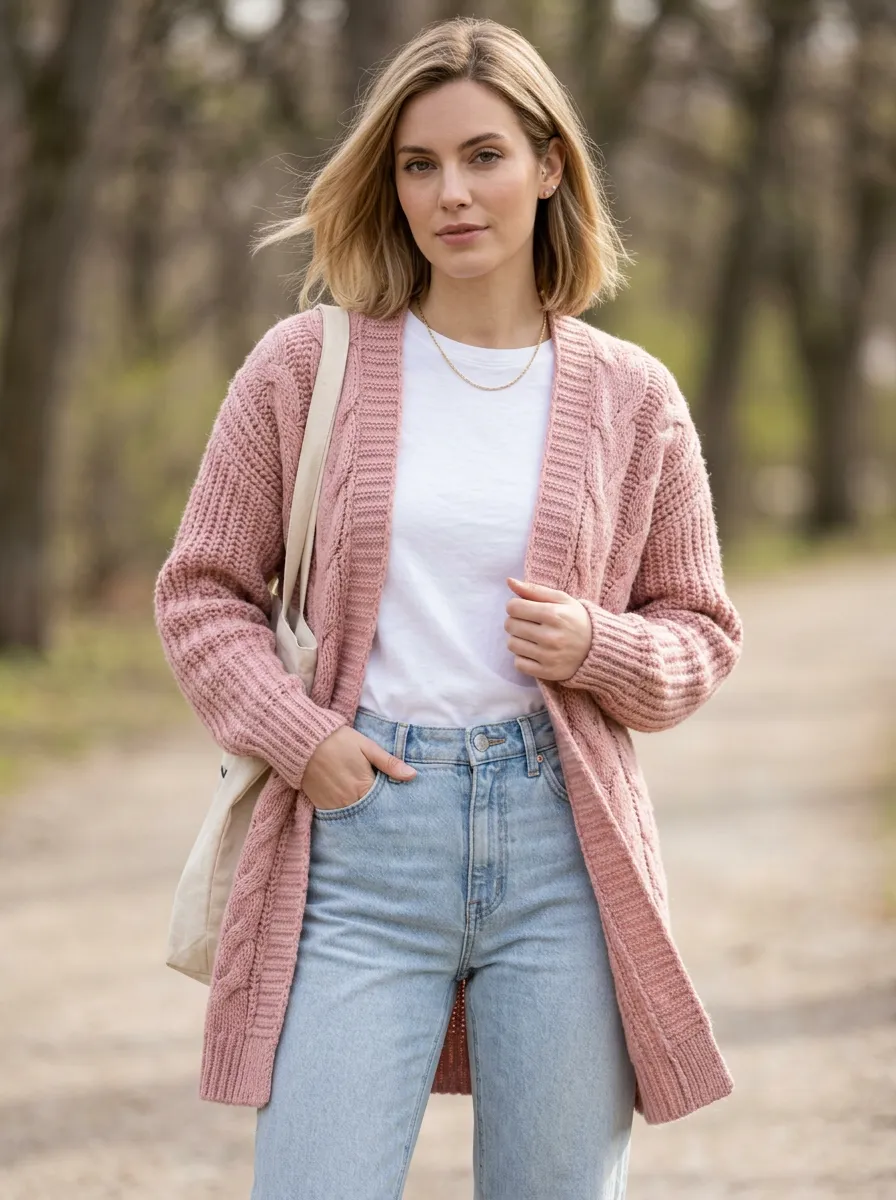 Women's Dusty Rose Cable-Knit Open Open-Front Denim Cardigan