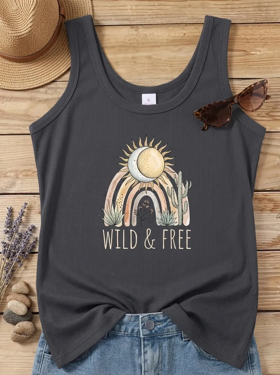 Women's Boho Wild & Free Sun Moon Cactus Rainbow Printed Tank Top