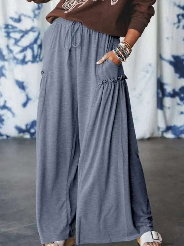 Wide Leg Drawstring Pocketed Ruffle Detail Pants