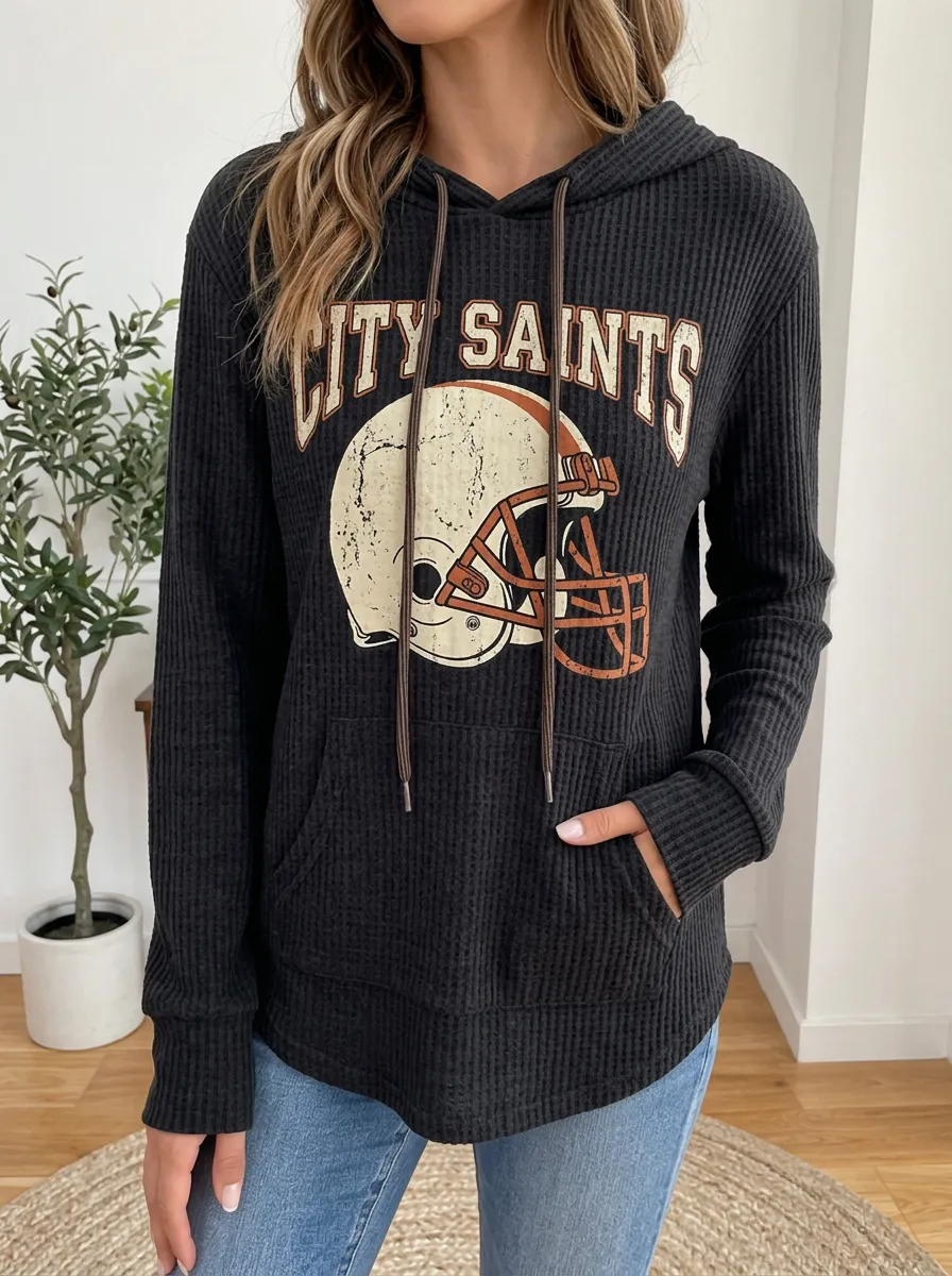 Women's City Saints Football Helmet Printed Waffle Hoodie