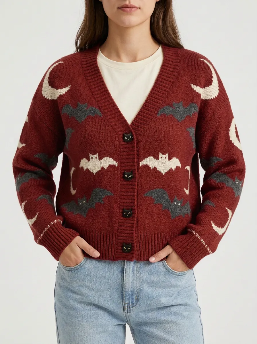 Women's Halloween Bat Moon Knit Cardigan