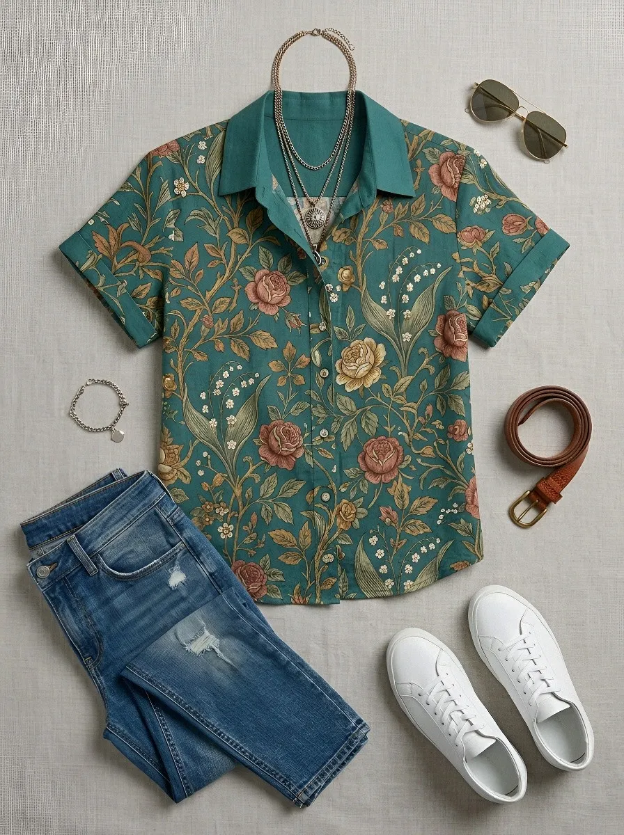 Women's Floral Vintage Rose Lily Botanical Printed Short Sleeve Shirt