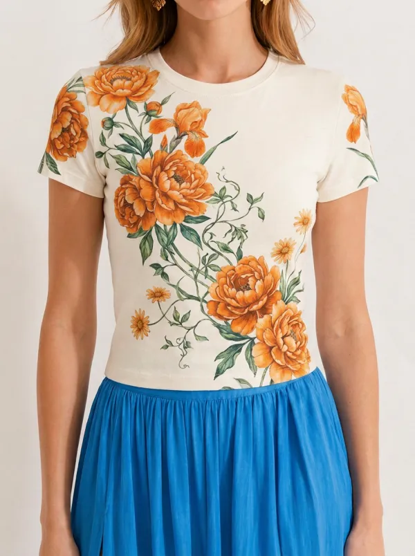 Women's Floral Lover Blue Peony Botanical Printed T-shirt