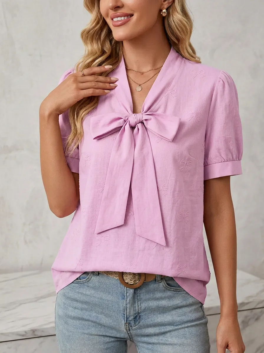 Women's V-neck Tie-neck Puff Sleeve Blouse
