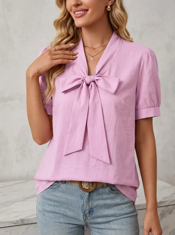 Women's V-neck Tie-neck Puff Sleeve Blouse