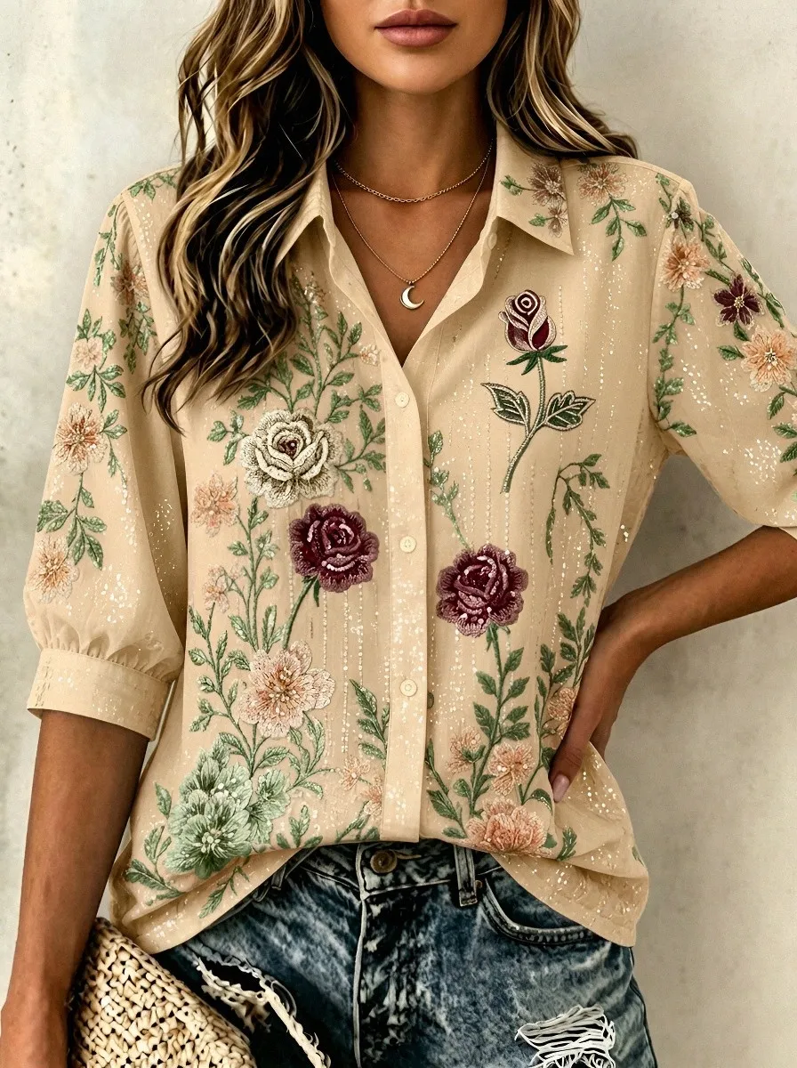Women's Breast Cancer Awareness Rose Floral Embroidered Printed Shirt