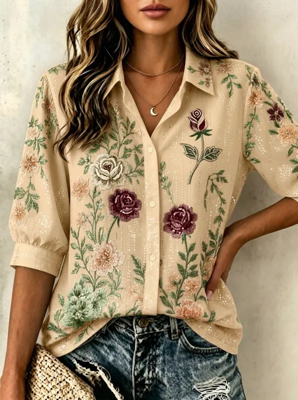 Women's Breast Cancer Awareness Rose Floral Embroidered Printed Shirt