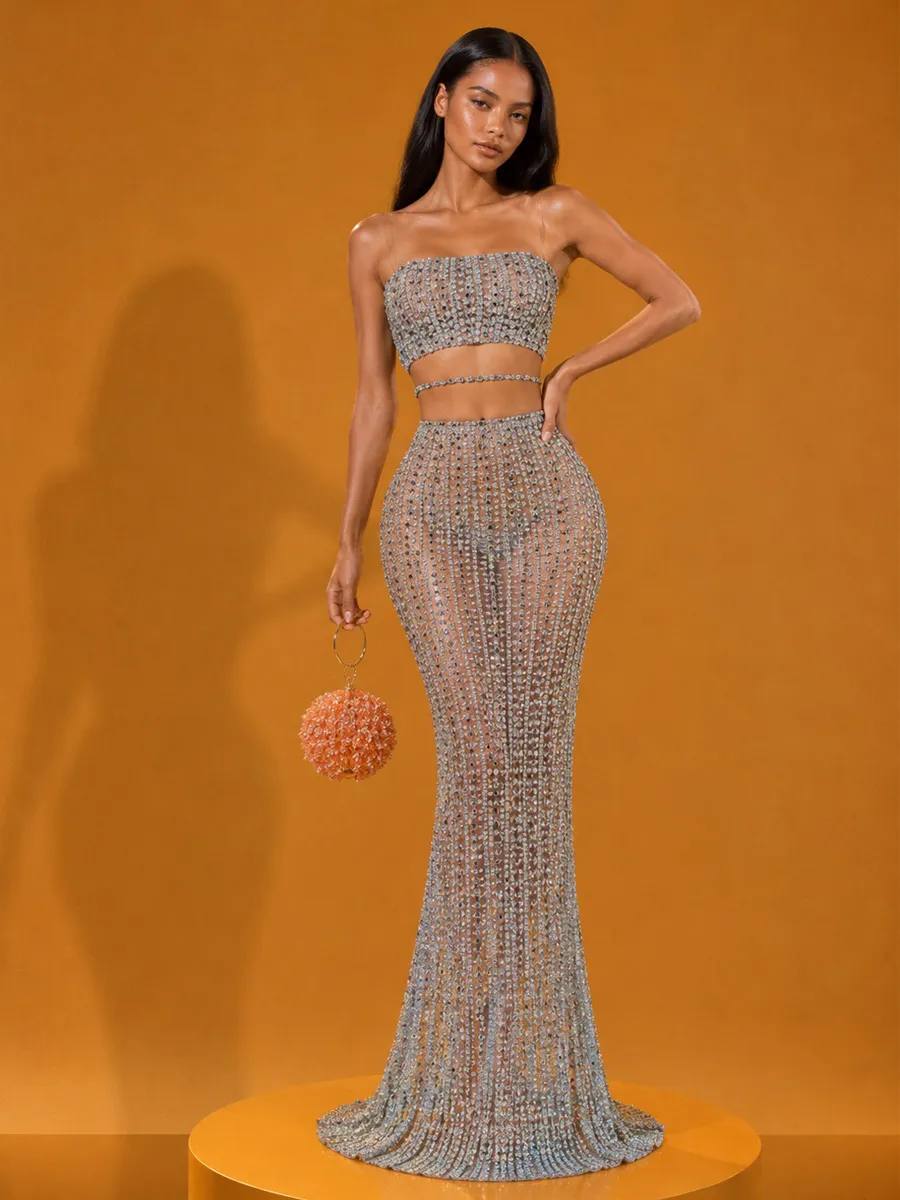 Kiera Sexy Rhinestone Chain Maxi Skirt Two-Piece Set