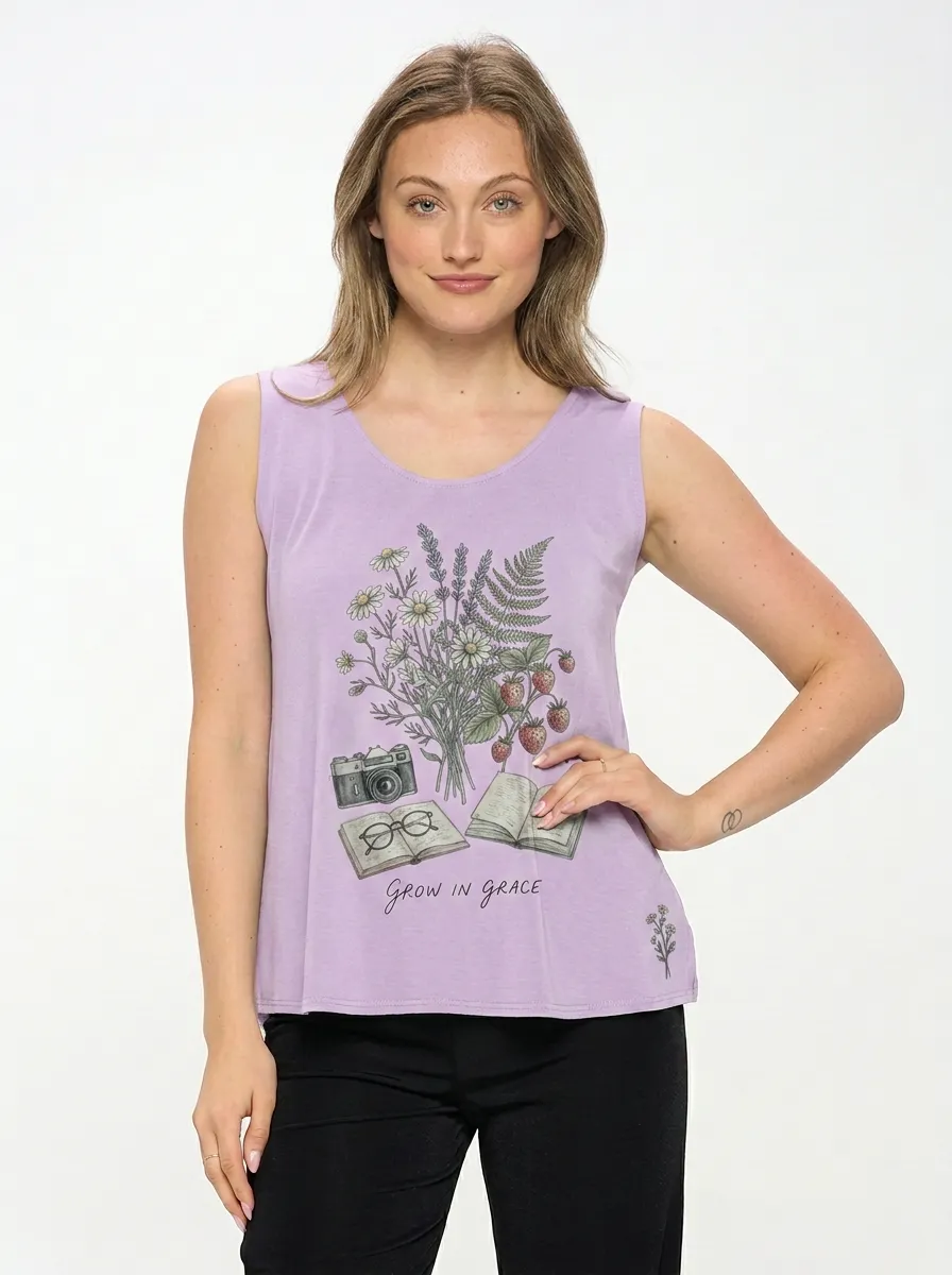 Women's Nature Lover Flower Strawberry Camera Book Printed Tank Top