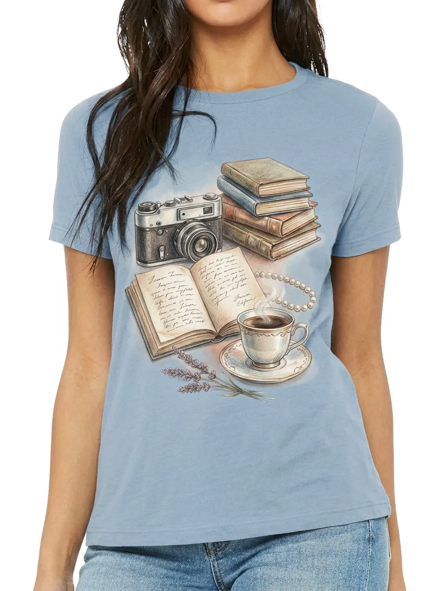 Women's Book Lover Camera Coffee Printed T-shirt