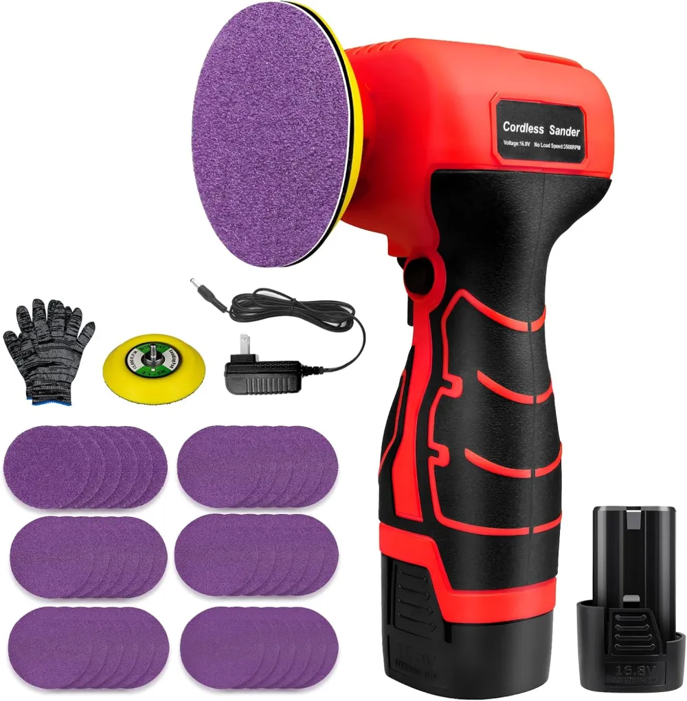 Cordless Electric Sander with 36PCS Sandpapers, 3500 RPM, 2Pcs 2000mAh Batteries, Lightweight & Compact Design for Wood, Metal, Paint Removal, and DIY Projects