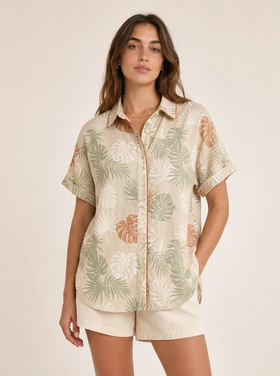 Women's Tropical Vacation Style Monstera Leaf Printed Button-up Shirt