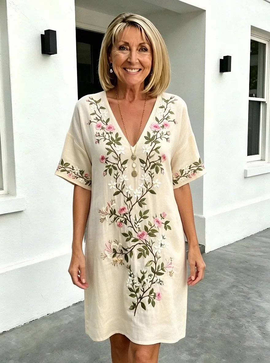 Women's Summer Vacation Poppy Floral Embroidered Printed Dress