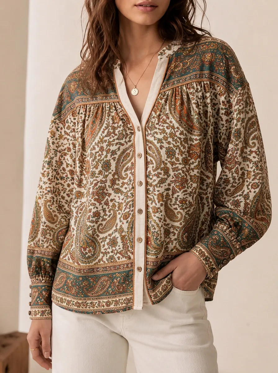 Women's Boho Paisley Floral Printed Button Down Shirt
