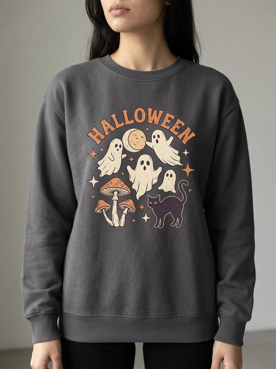 Women's Halloween Ghost Mushroom Cat Printed Sweatshirt