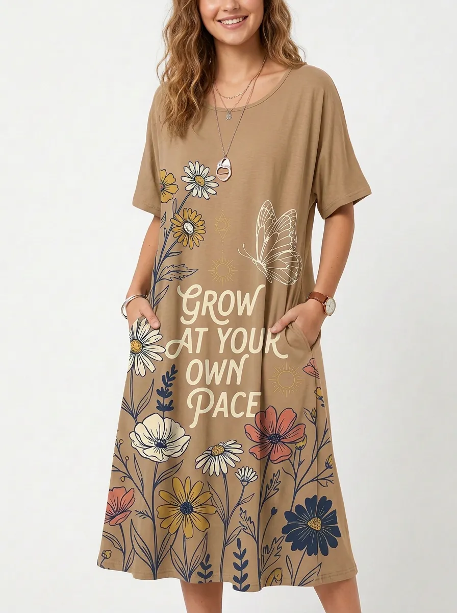 Floral Butterfly Quote Casual T-Shirt Dress