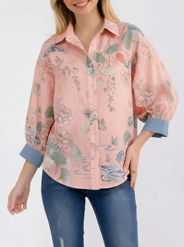 Women's Floral Botanical Butterfly Printed Button-up Shirt