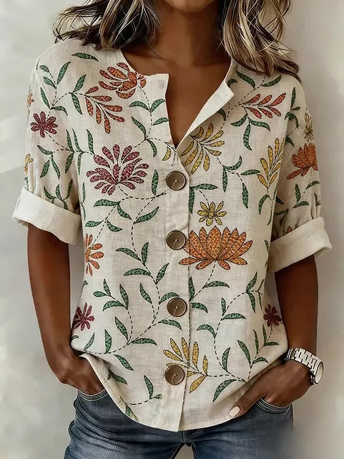 Women's Casual Short-Sleeve Cotton-Linen Top