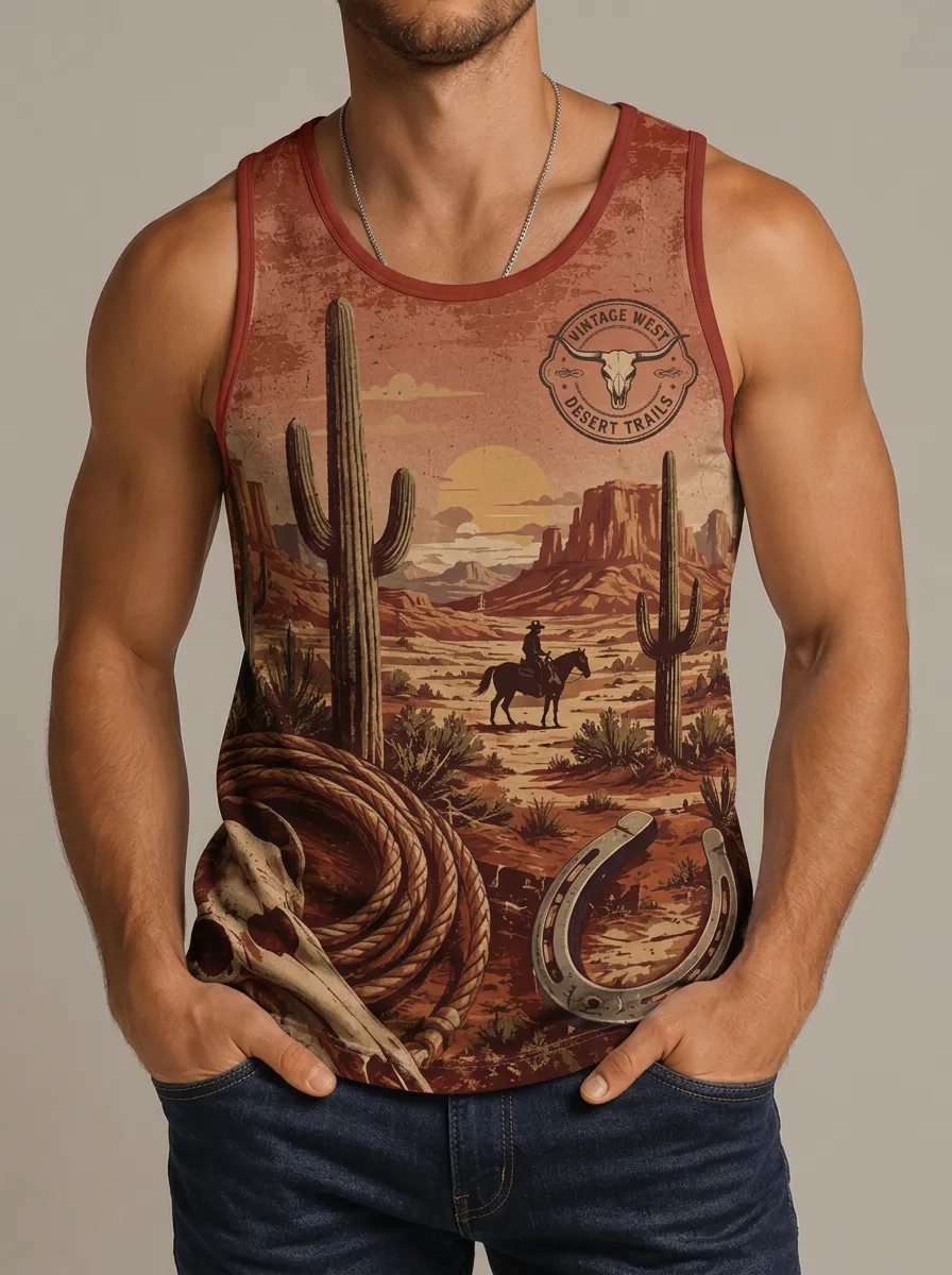 Men's Western Cowboy Desert Trails Skull Printed Tank Top