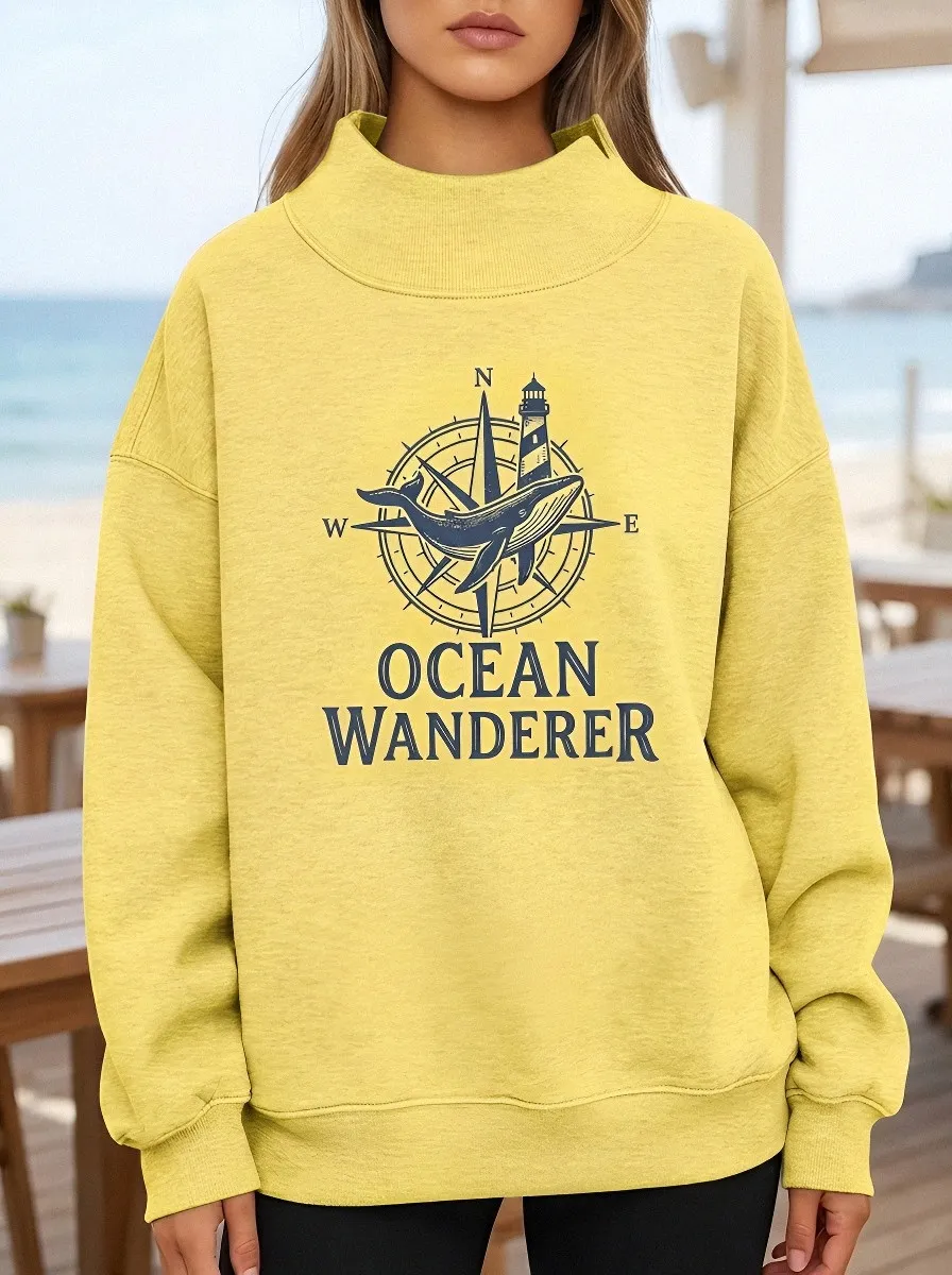 Women's Ocean Wanderer Whale Compass Lighthouse Printed Sweatshirt