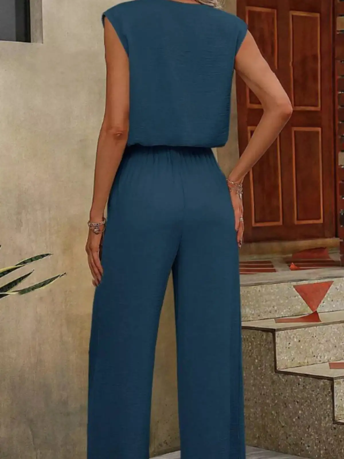 Refined V-Neck Wide-Leg Pants Matching Set