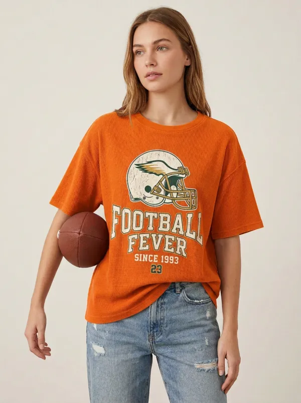 Women's Football Fever Helmet Graphic Printed Waffle T-Shirt