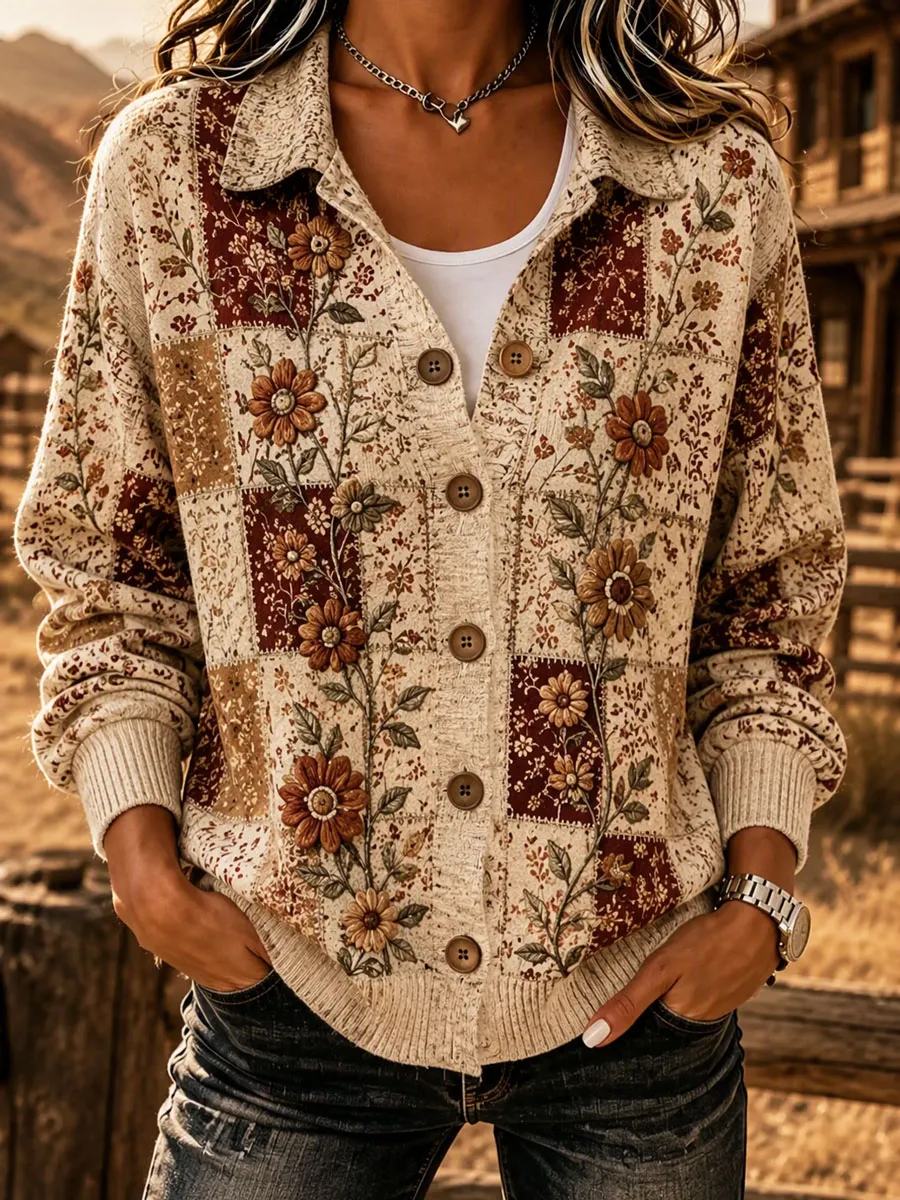 Ladies' Western Style Retro Floral Pattern Knitted Sweater