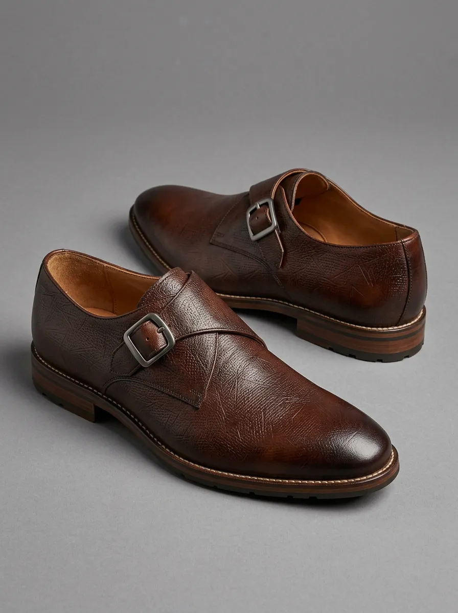 Men's Textured Leather Single Monk Strap Print Shoes