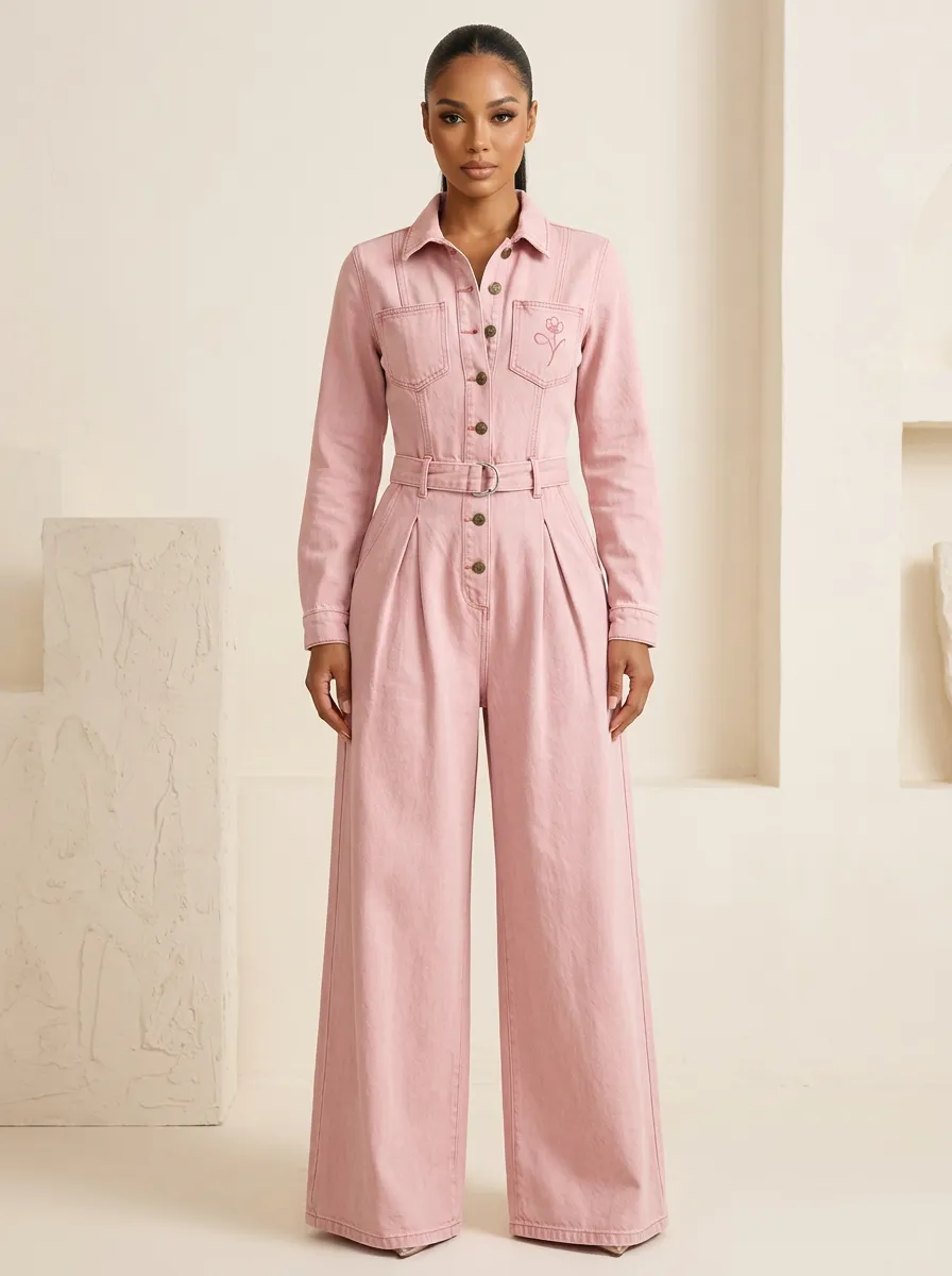 Pink Relaxed Floral Embroidered Denim Jumpsuit