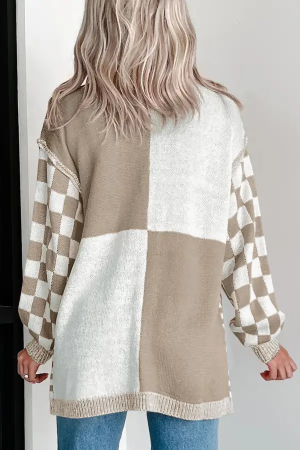 Open-Front Drop-Shoulder Knit Checkered Cardigan