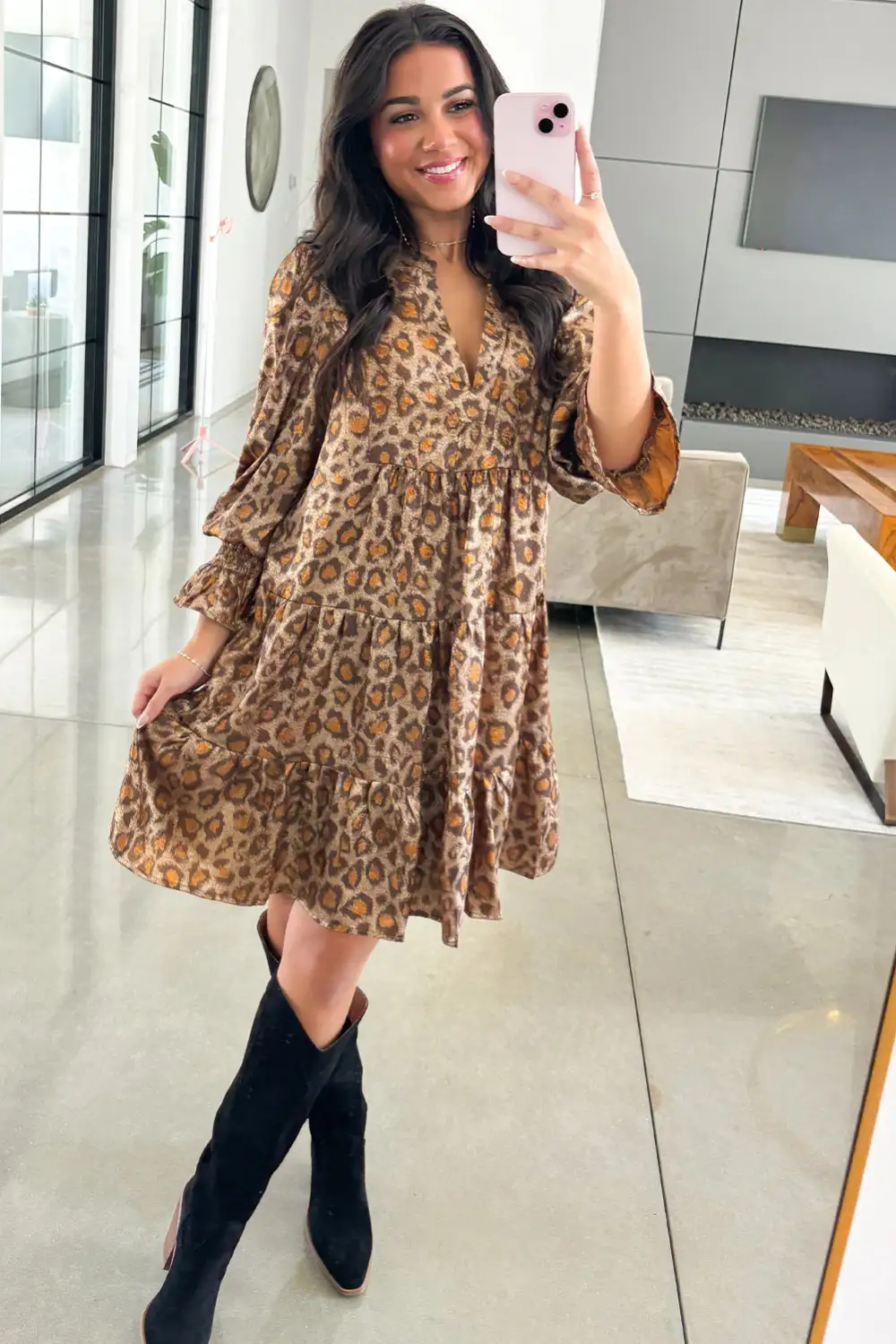 Animal Print V Neck Ruffle Mini Dress