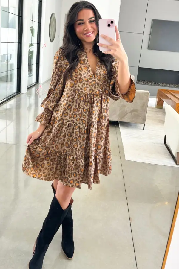 Animal Print V Neck Ruffle Mini Dress