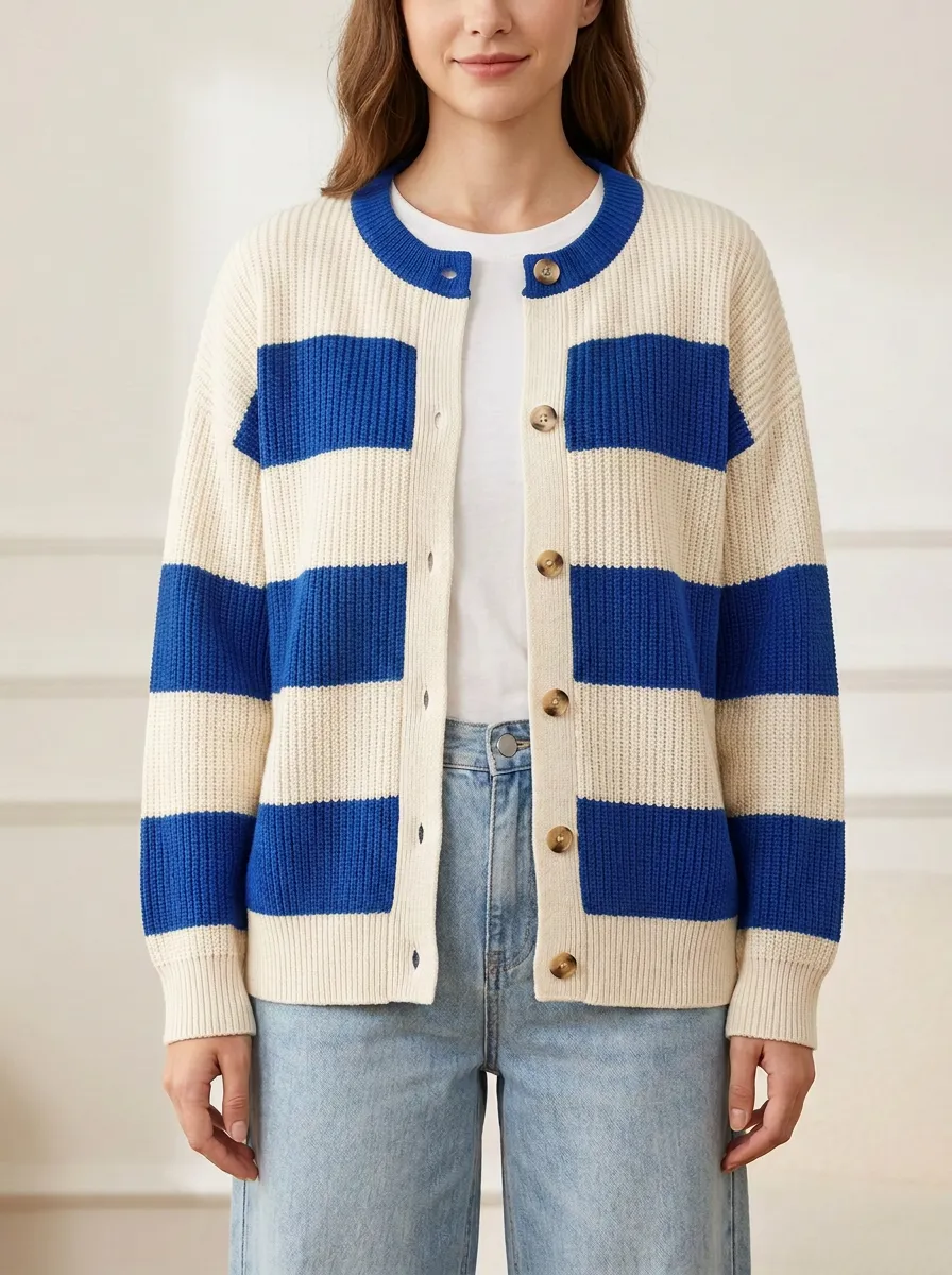 Classic Embroidered Distinctive Rugby Striped Knit Cardigan