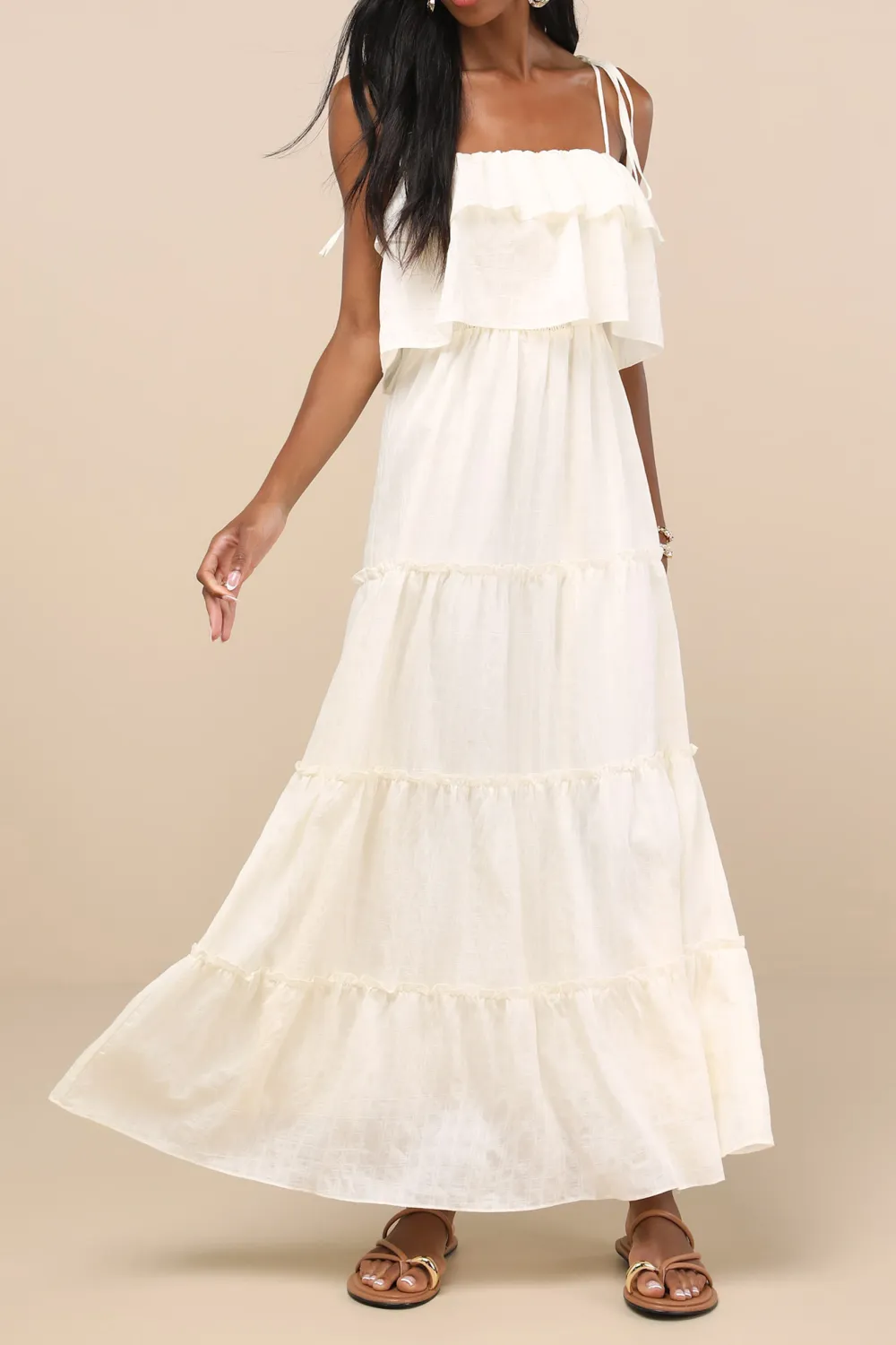 Casual Style  Ivory Textured Tie-Strap Tiered Maxi Dress