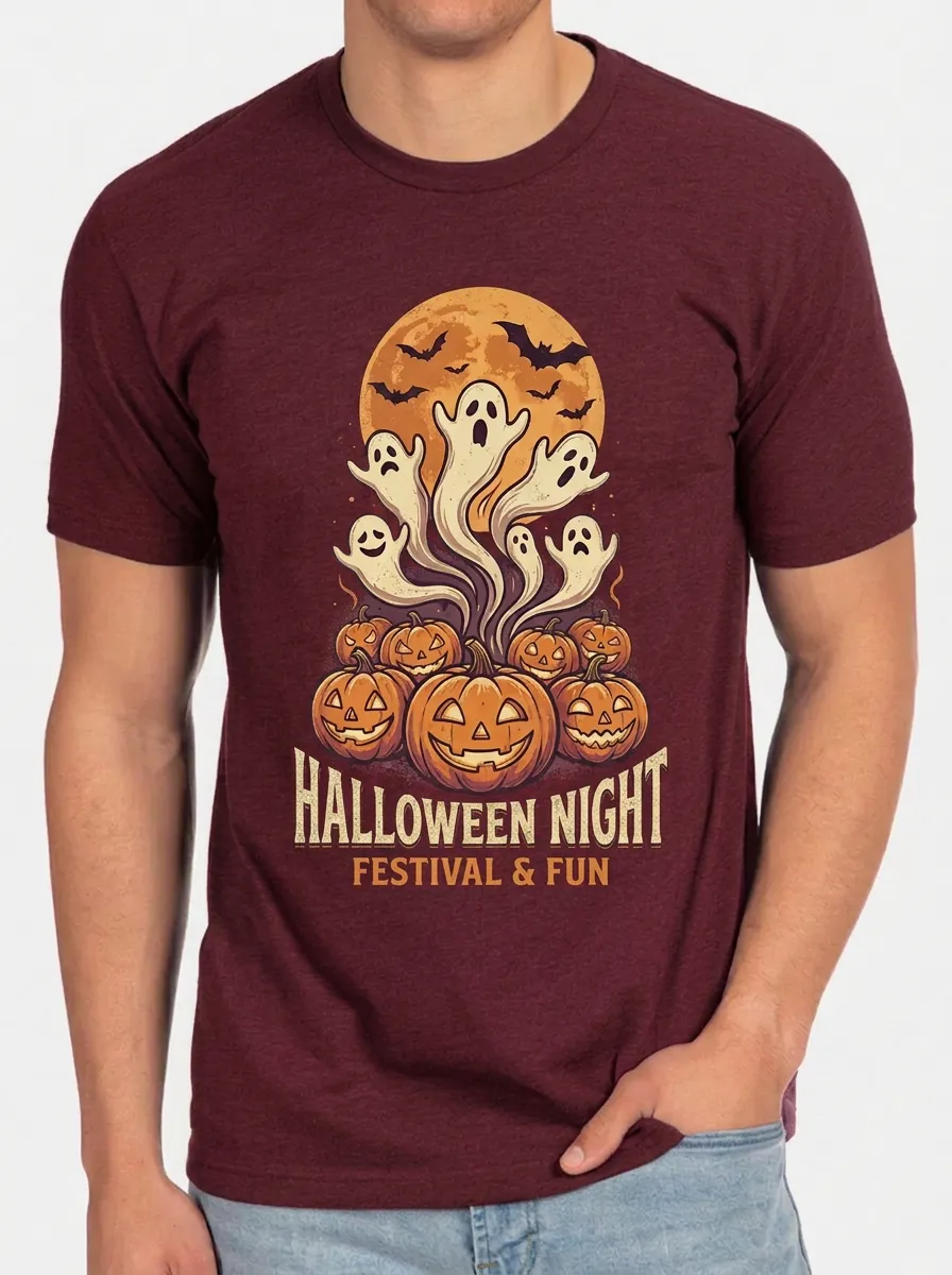 Men's Halloween Night Ghost Pumpkin Moon Printed T-shirt