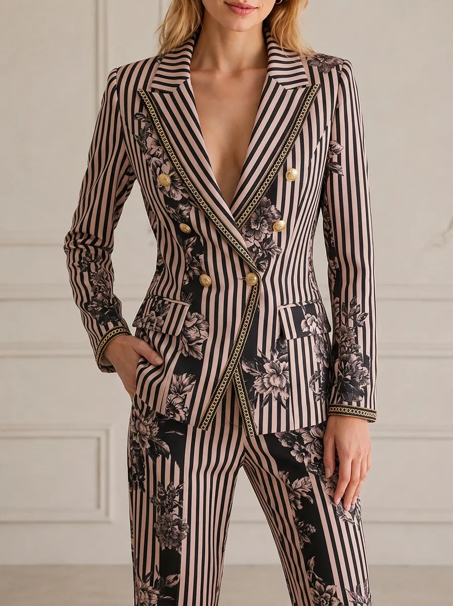 Women's Floral Striped Gold Button Printed Blazer