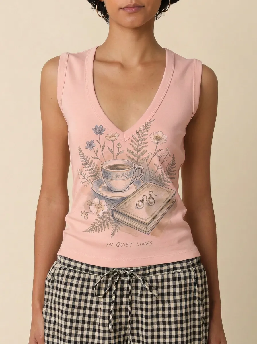 Women's Book Lover Coffee Floral Printed V-Neck Tank Top