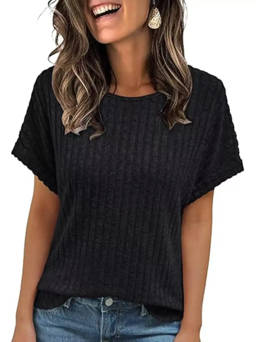 Casual Ribbed Knit Short Sleeve T Shirt