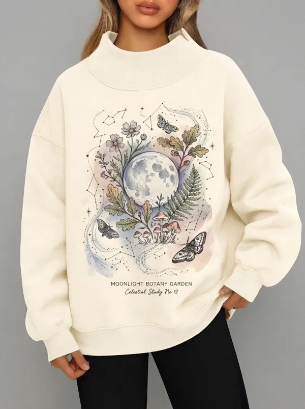 Women's Celestial Moon Botany Garden Moth Printed Sweatshirt