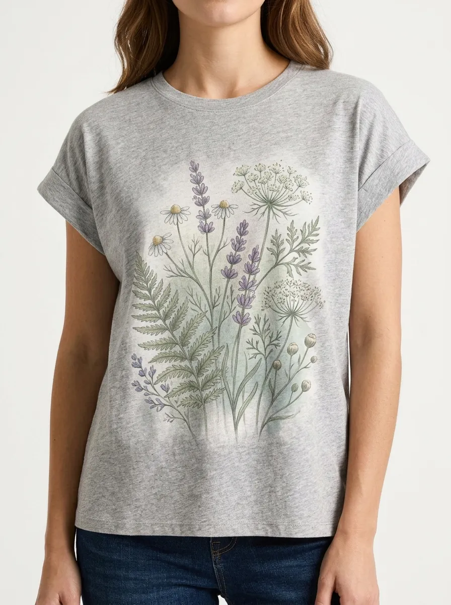 Women's Botanical Nature Lover Lavender Chamomile Printed T-shirt